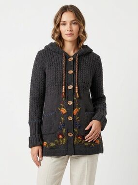 Newari Hooded Long Cardigan Floral Embroidered 100% Wool Charcoal L/XL